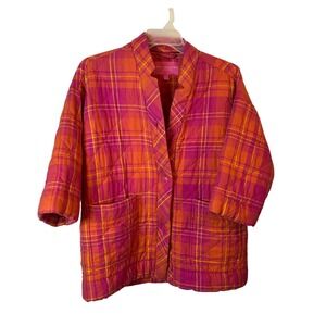 Isaac Mizrahi Live Womens Quilted Plaid Jacket Pink Orange 3/4 Sleeve Small Coat